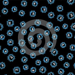 Line Computer processor with microcircuits CPU icon isolated seamless pattern on black background. Chip or cpu with