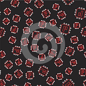 Line Computer processor with microcircuits CPU icon isolated seamless pattern on black background. Chip or cpu with