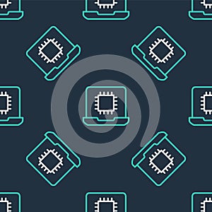 Line Computer processor with microcircuits CPU icon isolated seamless pattern on black background. Chip or cpu with