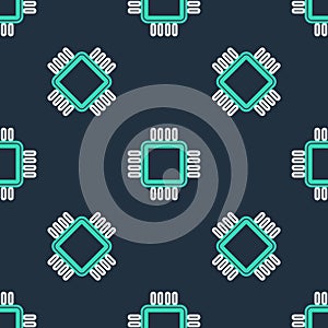 Line Computer processor with microcircuits CPU icon isolated seamless pattern on black background. Chip or cpu with