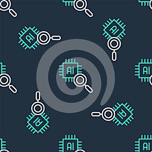 Line Computer processor with microcircuits CPU icon isolated seamless pattern on black background. Chip or cpu with