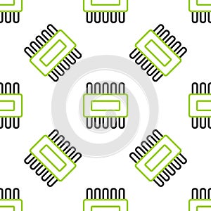 Line Computer processor with microcircuits CPU icon isolated seamless pattern on white background. Chip or cpu with