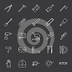 Line construction tools icons set on dark background