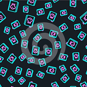 Line Cookbook icon isolated seamless pattern on black background. Cooking book icon. Recipe book. Fork and knife icons