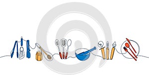 Line cooking cutlery. Hand drawn plate knife dish and bowl graphic elements, continuous line doodle cooking utensils