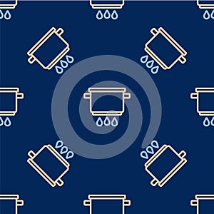 Line Cooking pot on fire icon isolated seamless pattern on blue background. Boil or stew food symbol. Vector