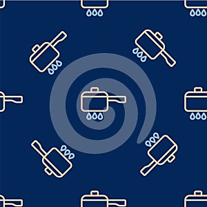 Line Cooking pot on fire icon isolated seamless pattern on blue background. Boil or stew food symbol. Vector