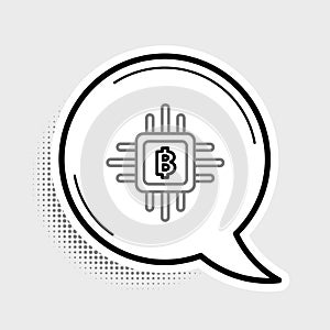 Line CPU mining farm icon isolated on grey background. Bitcoin sign inside processor. Cryptocurrency mining community
