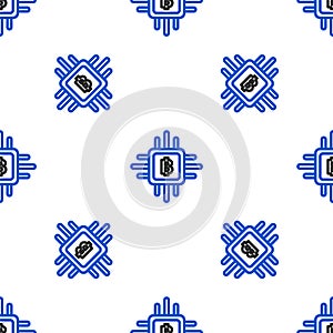 Line CPU mining farm icon isolated seamless pattern on white background. Bitcoin sign inside processor. Cryptocurrency