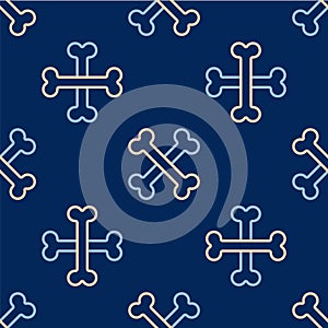Line Crossed bones icon isolated seamless pattern on blue background. Pets food symbol. Happy Halloween party. Vector