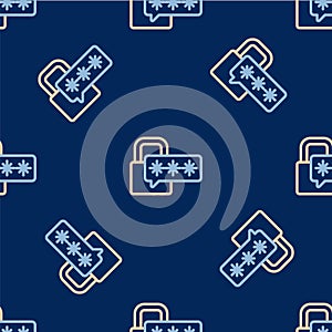 Line Cyber security icon isolated seamless pattern on blue background. Closed padlock on digital circuit board. Safety