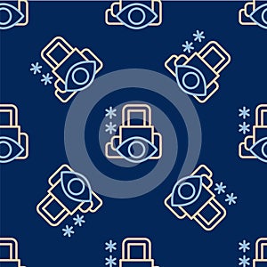 Line Cyber security icon isolated seamless pattern on blue background. Closed padlock on digital circuit board. Safety