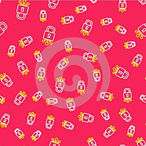 Line Cyber security icon isolated seamless pattern on red background. Closed padlock on digital circuit board. Safety