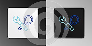 Line Debugging icon isolated on grey background. Debugging tool. Magnifying glass on bug programming. Testing and