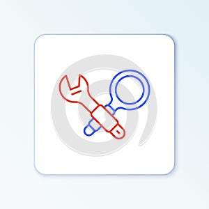 Line Debugging icon isolated on white background. Debugging tool. Magnifying glass on bug programming. Testing and