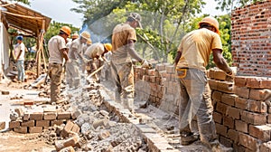 A line of dedicated masons working side by side creating a new brick structure photo