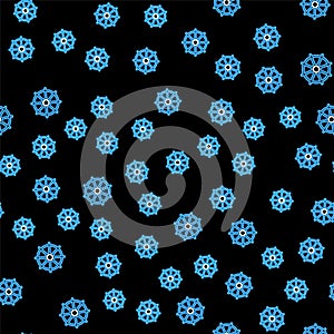 Line Dharma wheel icon isolated seamless pattern on black background. Buddhism religion sign. Dharmachakra symbol