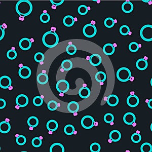 Line Diamond engagement ring icon isolated seamless pattern on black background. Vector