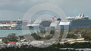 Line of docked cruise ships wide view