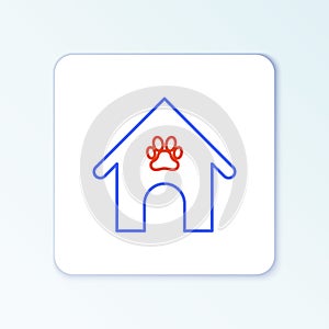 Line Dog house and paw print pet icon isolated on white background. Dog kennel. Colorful outline concept. Vector