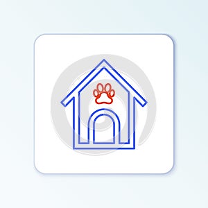 Line Dog house and paw print pet icon isolated on white background. Dog kennel. Colorful outline concept. Vector