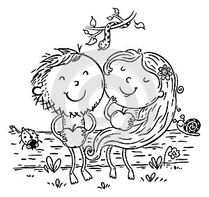 Line drawing of Adam and Eve with apples in paradise. Bible story scene: first man and woman in garden eden