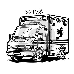 Line drawing of an ambulance in black and white for coloring vector photo