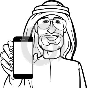 Line drawing of a arab man showing a mobile app on a smart phone