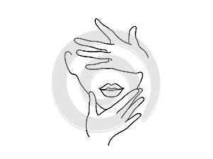 Line Drawing Art. Woman face with hands