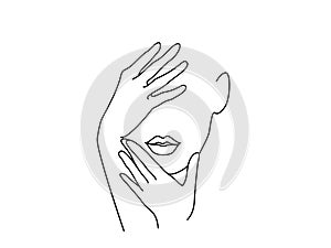 Line Drawing Art. Woman face with hands photo
