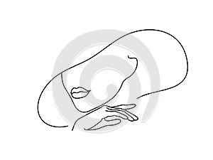 Line Drawing Art. Woman face with hand photo