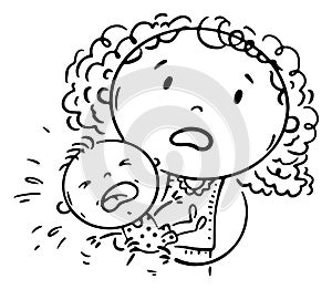 Line drawing of a baby is crying and mother in panic
