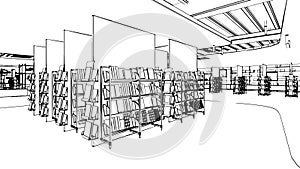 line drawing of a bookstore\'s aisle,3d rendering