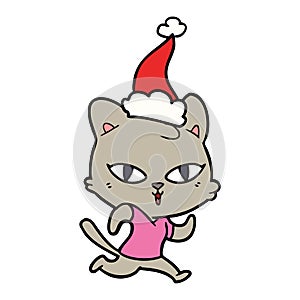line drawing of a cat out for a run wearing santa hat