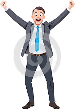 Line drawing and colored illustration of a cheerful businessman with raised arms celebrating a success