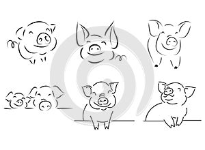 Line drawing of a cute pig, year of pig linear style and Hand drawn Vector illustrations, character design outline collection, ca