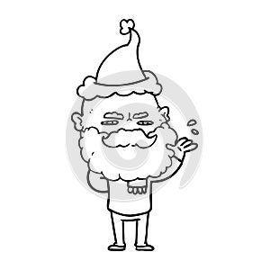 line drawing of a dismissive man with beard frowning wearing santa hat