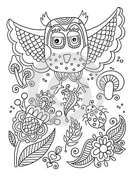line drawing of forest elements - owl, flowers, mushrooms, berries, insect, ladybird
