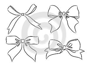 Line drawing of gift ribbon bow on white. Set of bows for your designs. Vector illustration