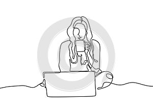 Line drawing of girl with laptop and drinking a coffee continuous one hand drawn single lineart design. She home freelancer