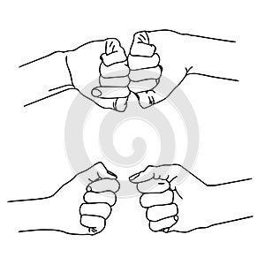 Line drawing of hands of team bumping fists together. Linear art. Hands clenched into a fist. Isolated drawing on a white