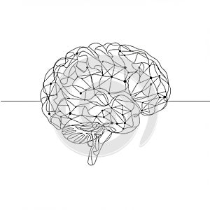 Line drawing of a human brain interconnected with a neural network pattern. The brain