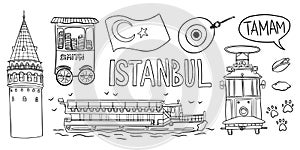 Line drawing of iconic Istanbul symbols: Galata Tower, tram, ferry, Turkish flag, simit cart, and tamam speech bubble