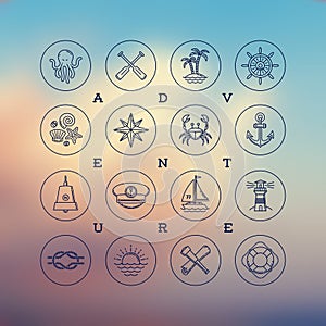 Line drawing icons - travel, adventures and nautical signs photo