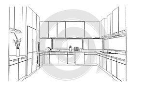 line drawing of kitchen room,Modern design