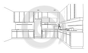 line drawing of kitchen room and pantry,Modern design