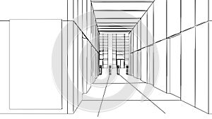 line drawing of a large office building hall,3d rendering