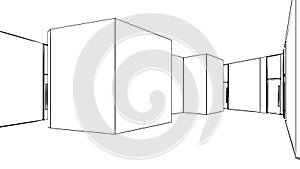 line drawing of a large office building hall,3d rendering