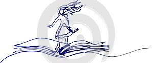 Line drawing of a little girl student or preschooler flying on a magic book. Happy children flying on a book. The concept of the