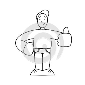 Line drawing. Man with thumbs up, good mood gesture. Isolated icon. a disproportionate character with big hands.